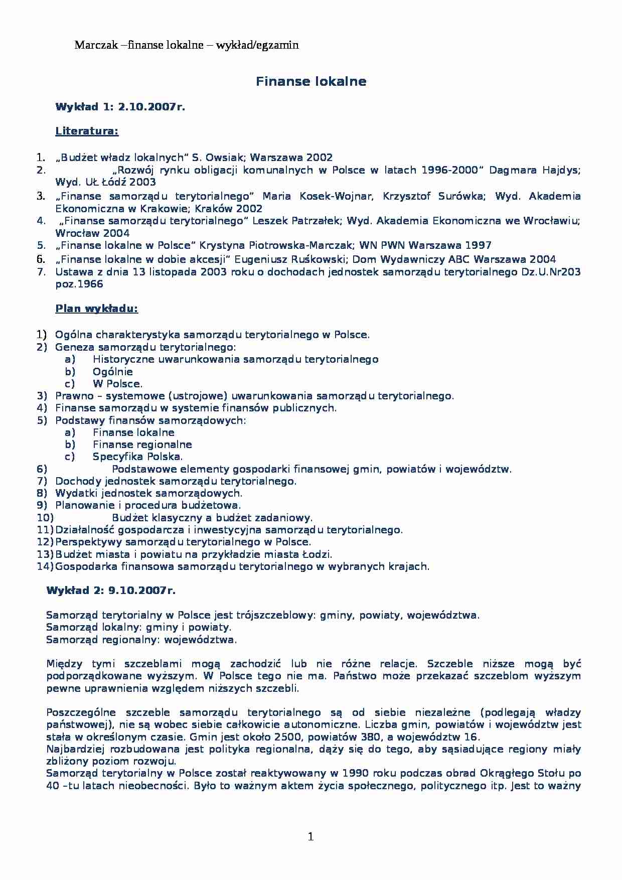 Finanse samorządu terytorialnego-wykłady - strona 1