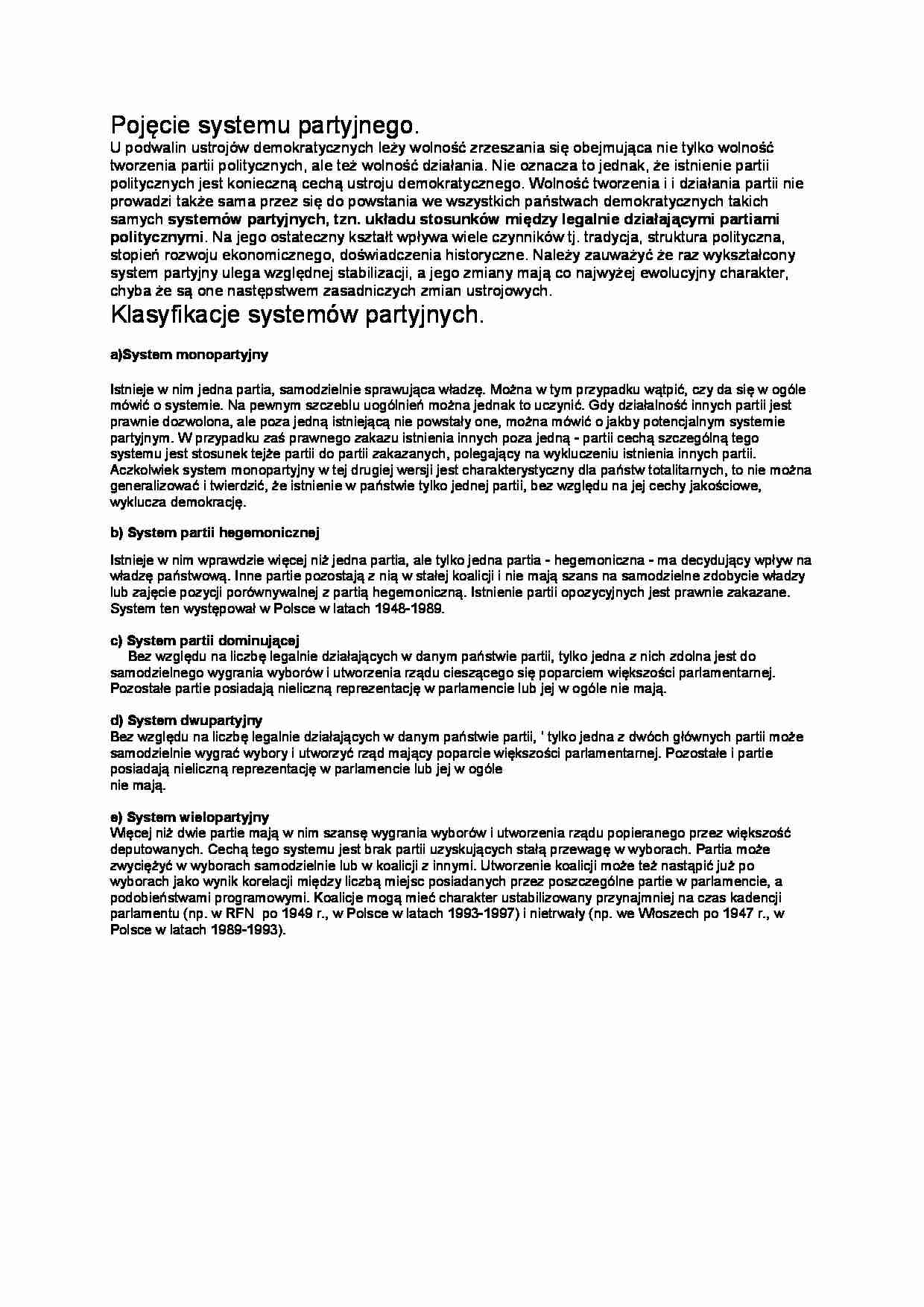 Pojęcie i  klasyfikacja  systemu partyjnego - strona 1