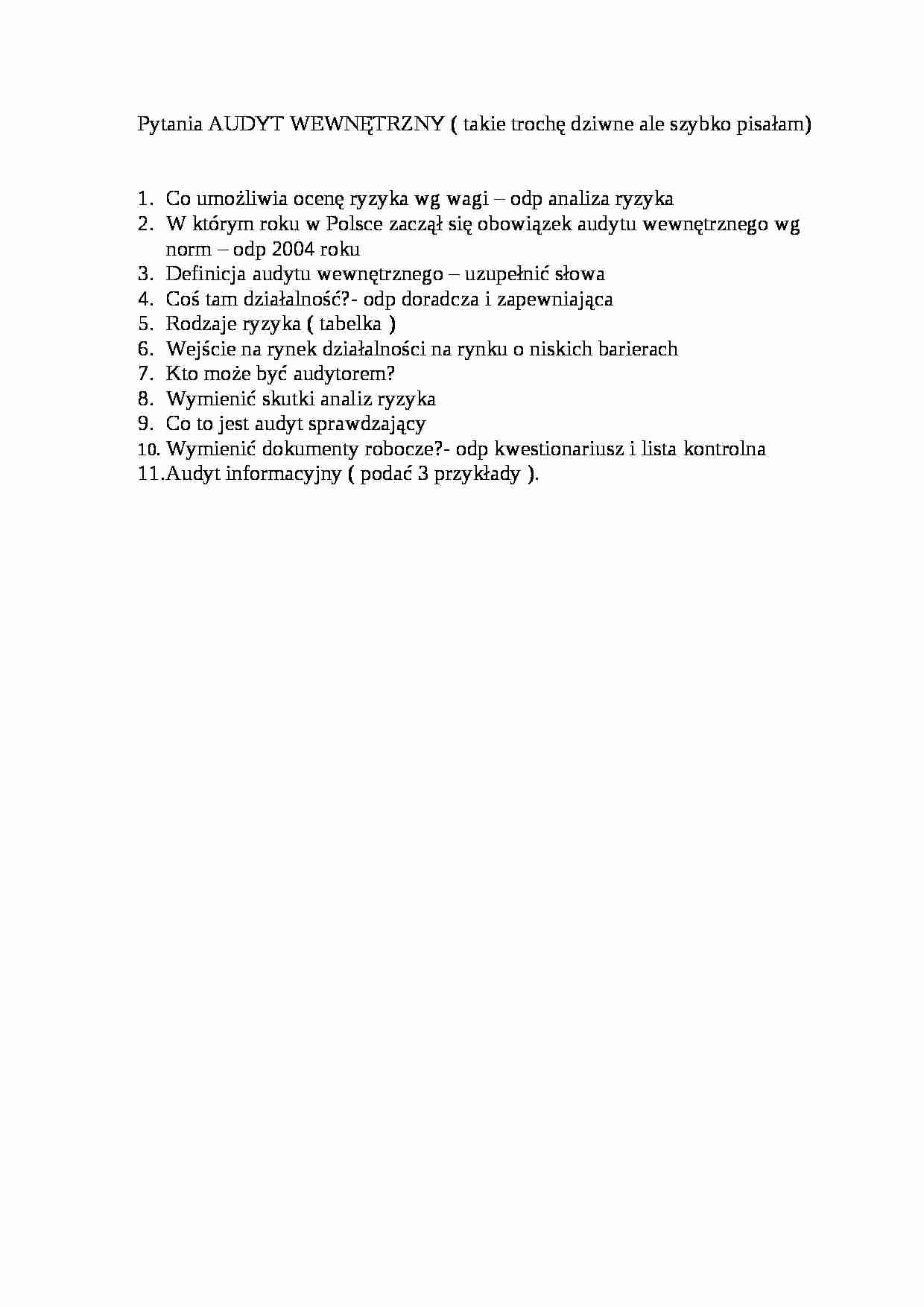 Pytania z egzaminu Audyt wewnętrzny - strona 1