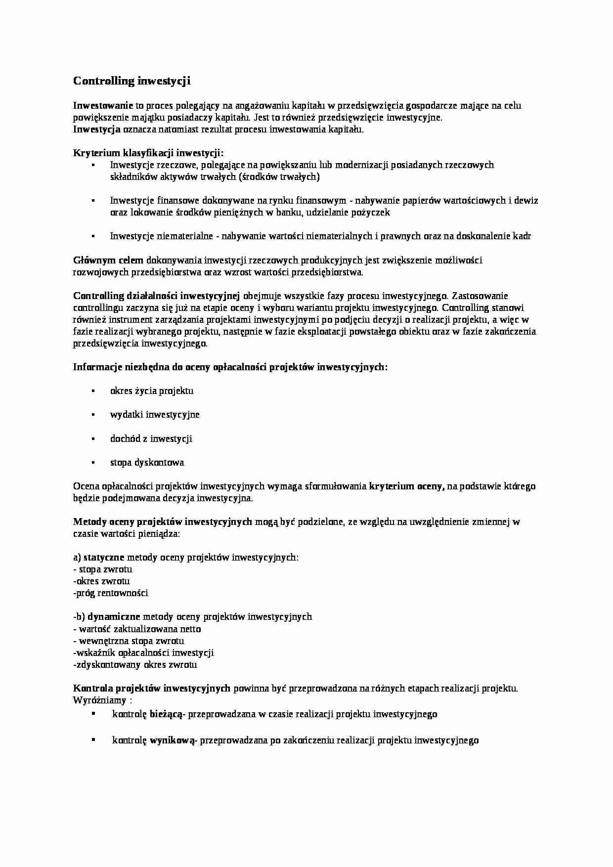 Controlling inwestycji - przedsięwzięcie inwestycyjne - strona 1