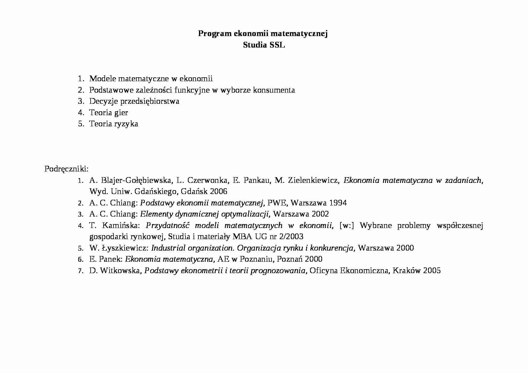 Modele matematyczne w ekonomii - strona 1