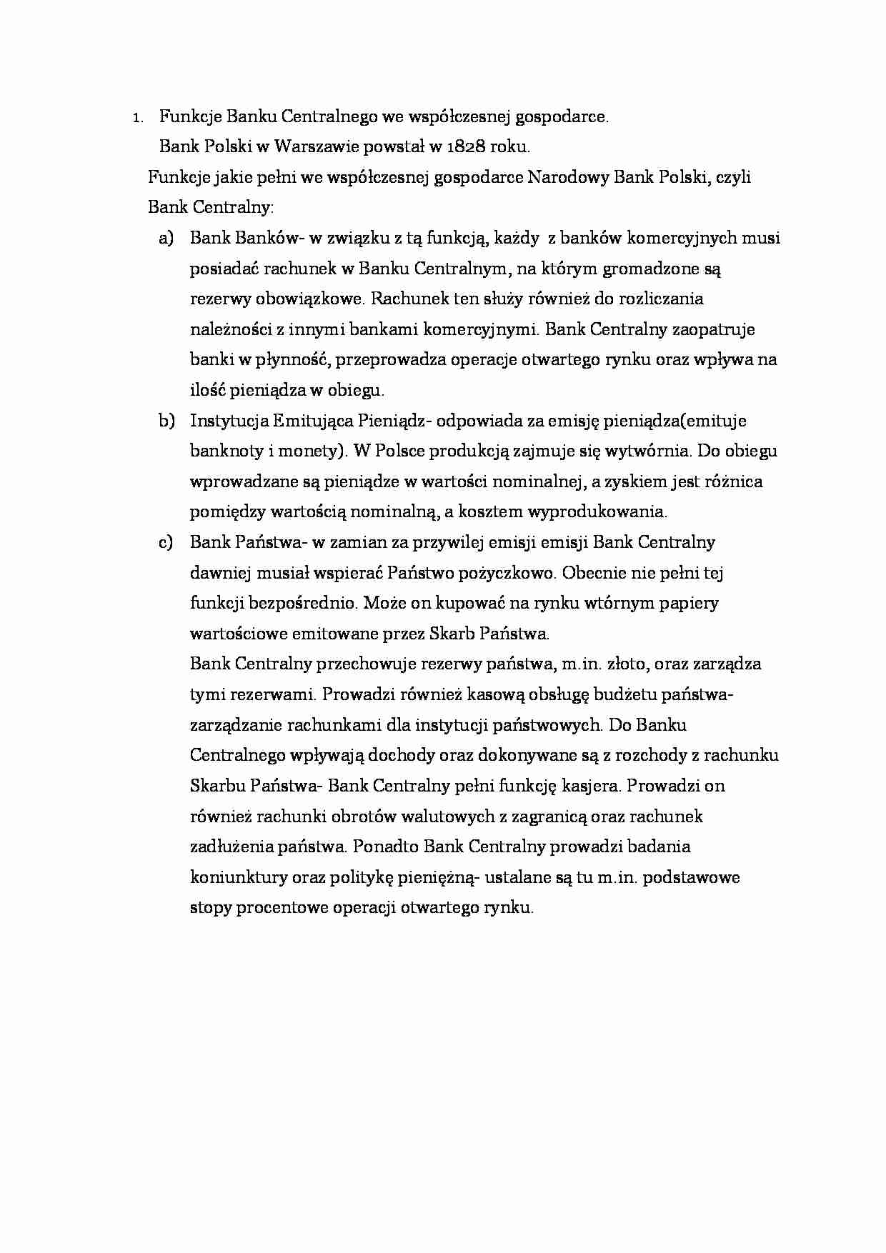 Funkcje Banku Centralnego we współczesnej gospodarce - strona 1