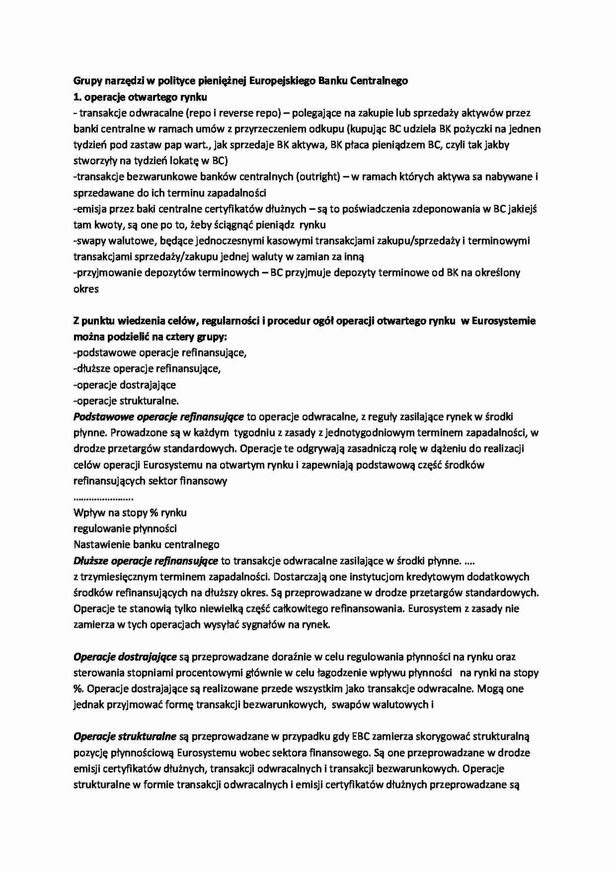 Grupy narzędzi w polityce pieniężnej Europejskiego Banku Centralnego - strona 1