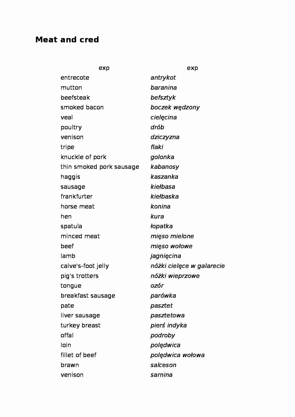 Meat and cred - słówka - strona 1