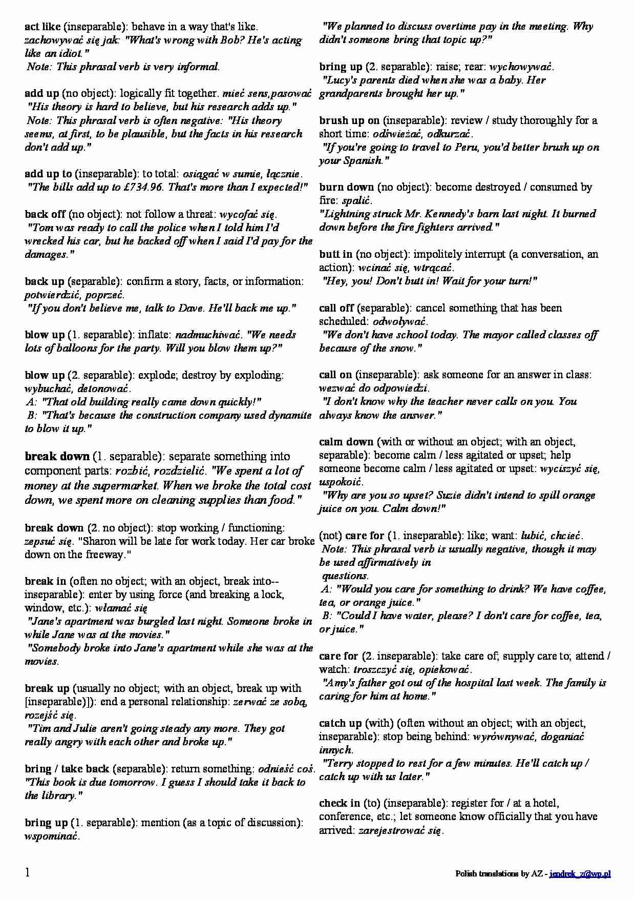 phrasal verbs FCE CAE CPE defined in English + polish translations (polskie odpowiedniki) - strona 1