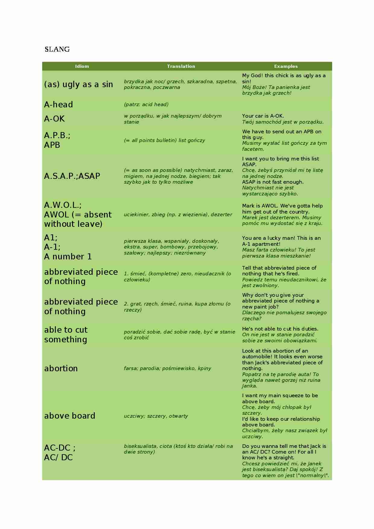 SLANG - słownictwo - strona 1