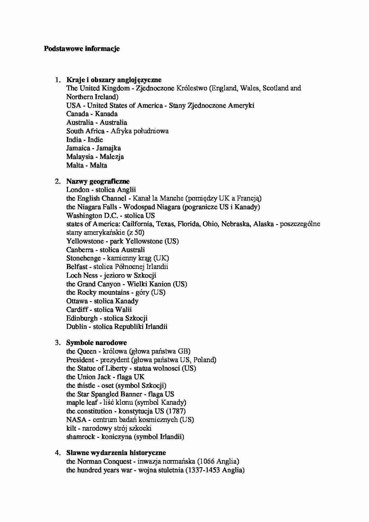 słówka - wiedza dotycząca krajów anglojęzycznych - strona 1