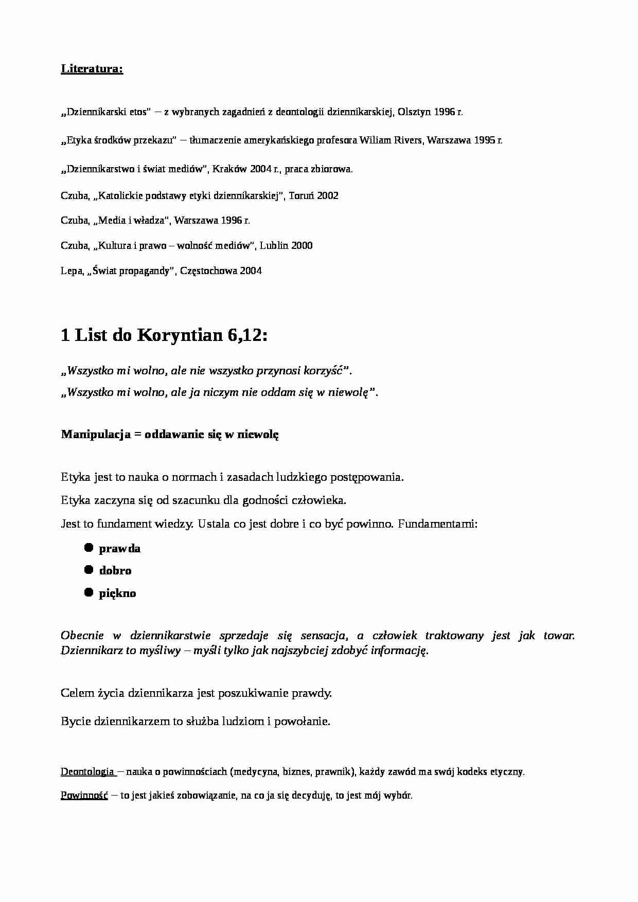 Etyka dla dziennikarzy - wykład 1 - strona 1