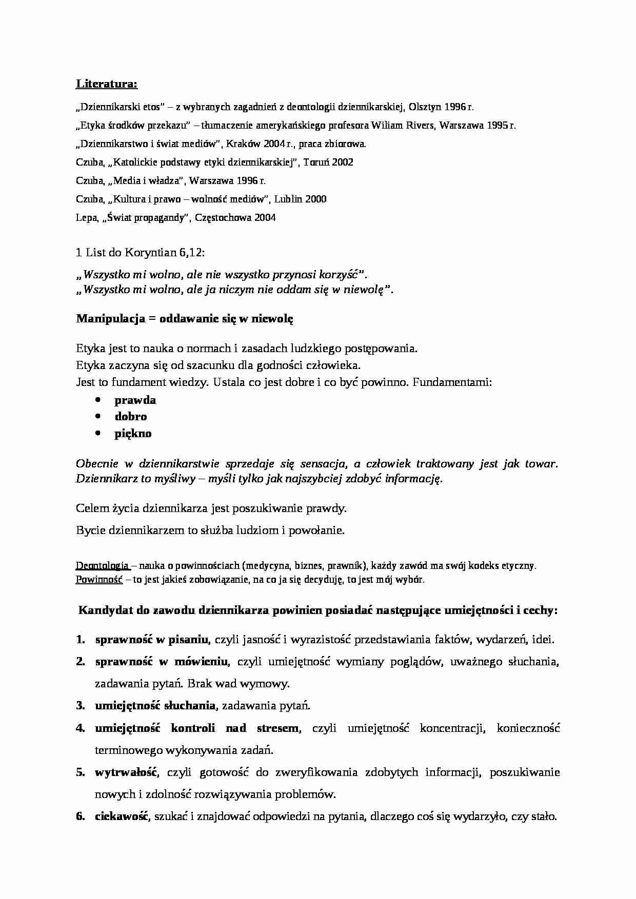 Etyka dla dziennikarzy - skrypt - strona 1