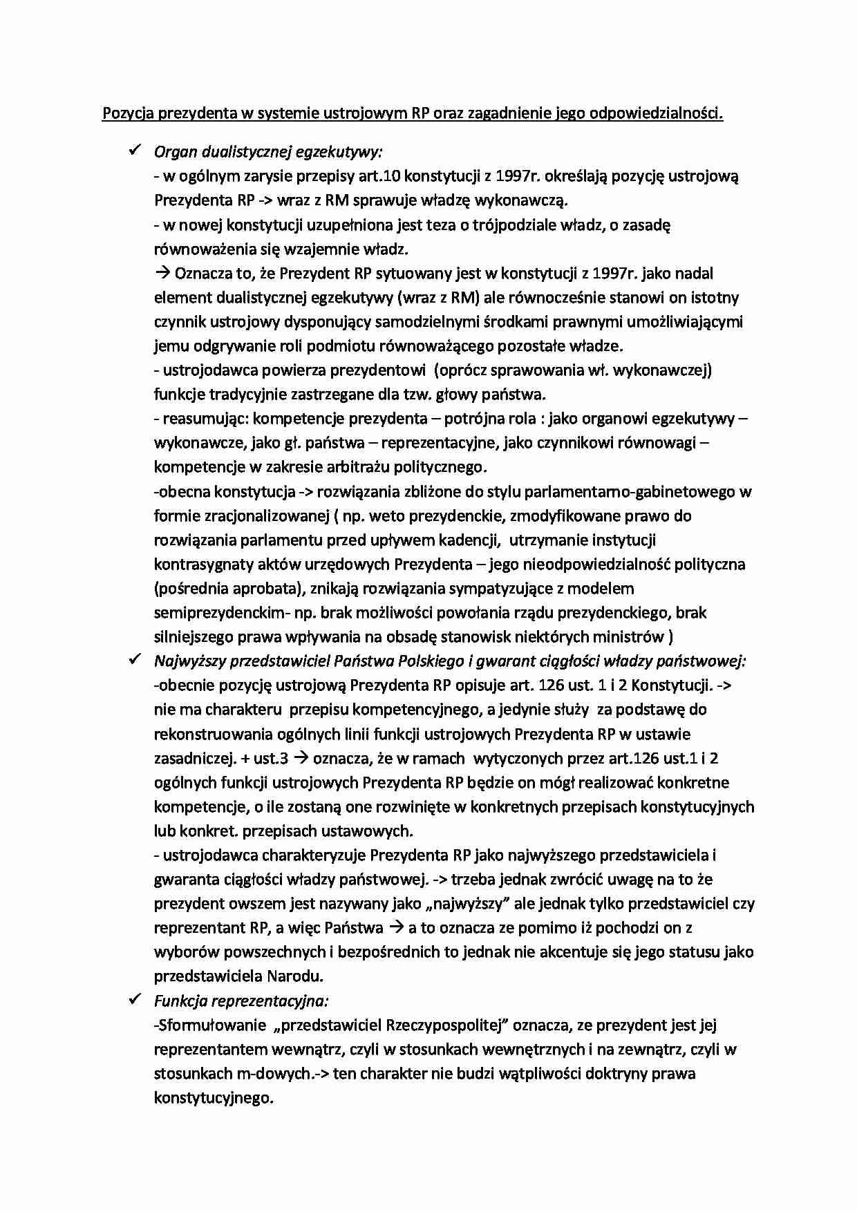 Pozycja prezydenta w systemie ustrojowym RP oraz zagadnienie jego odpowiedzialności - strona 1