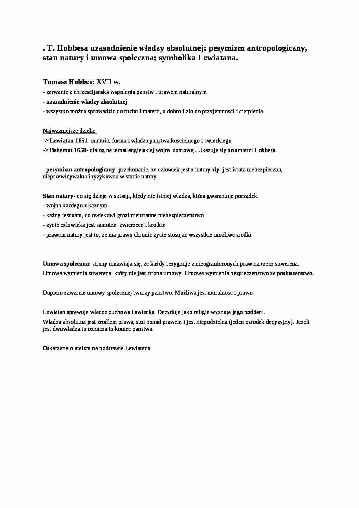 Hobbes - uzasadnienie władzy absolutnej - strona 1
