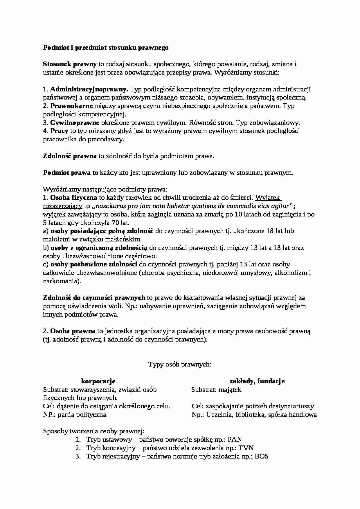 Podmiot i przedmiot stosunku prawnego - Zdolność prawna - strona 1