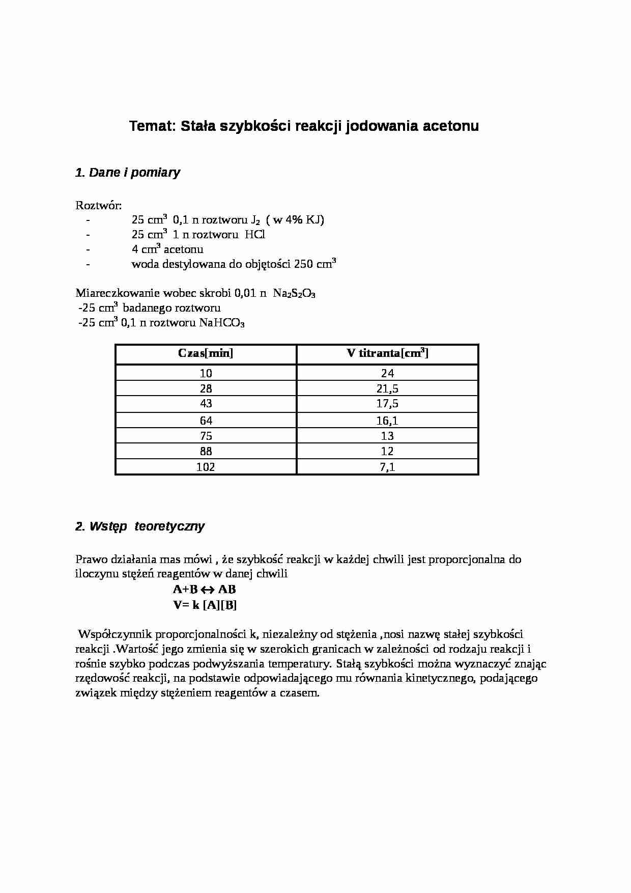 Stała szybkości reakcji jodowania acetonu - strona 1