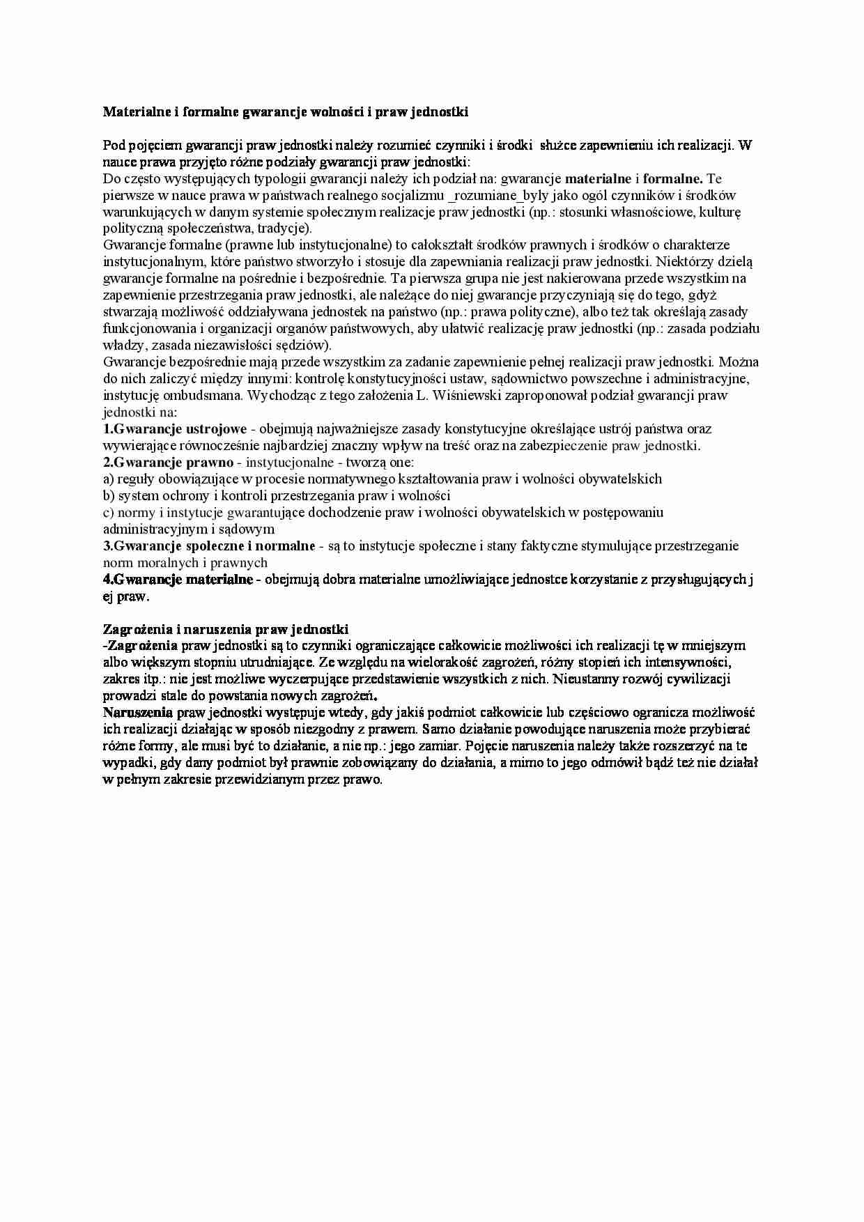 Materialne i formalne gwarancje praw jednostki  - strona 1