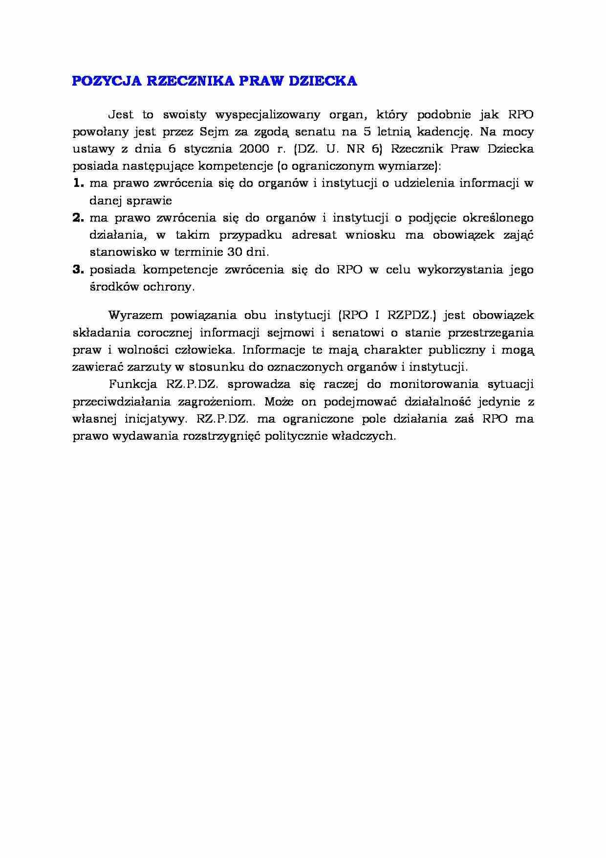 Pozycja Rzecznika Praw Dziecka  - strona 1