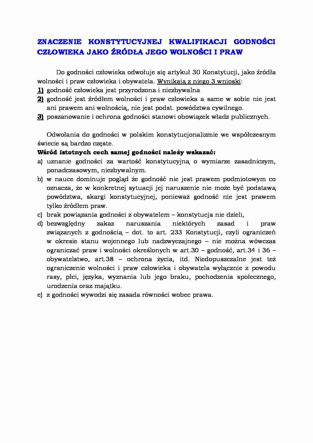 Znaczenie konstytucyjnej kwalifikacji godności  - strona 1