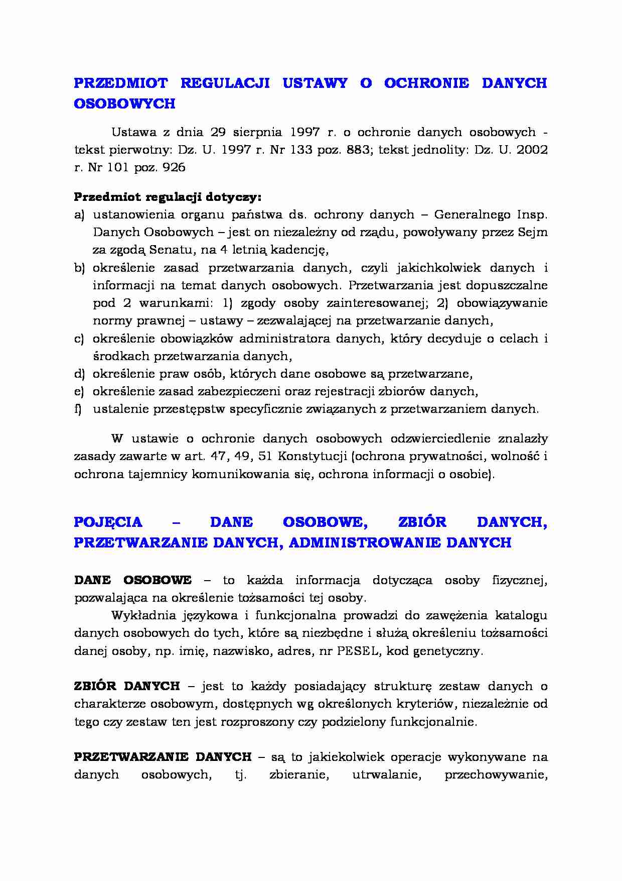 Ochrona danych osobowych - przedmiot regulacji  - strona 1