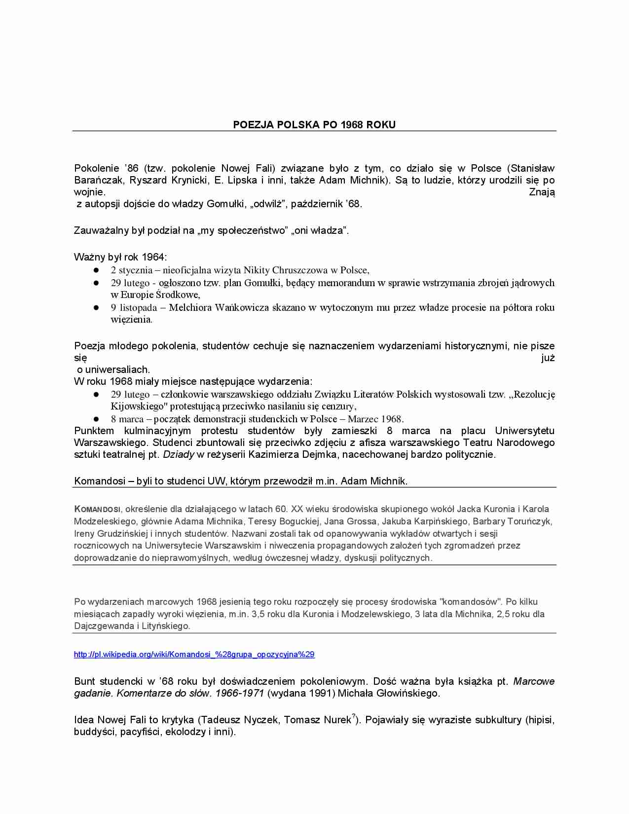 Poezja Polska po 1968 roku - strona 1