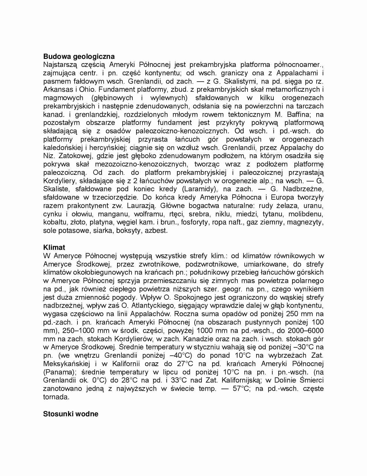 Budowa geologiczna, klimat i stosunki wodne Ameryki Północnej - strona 1