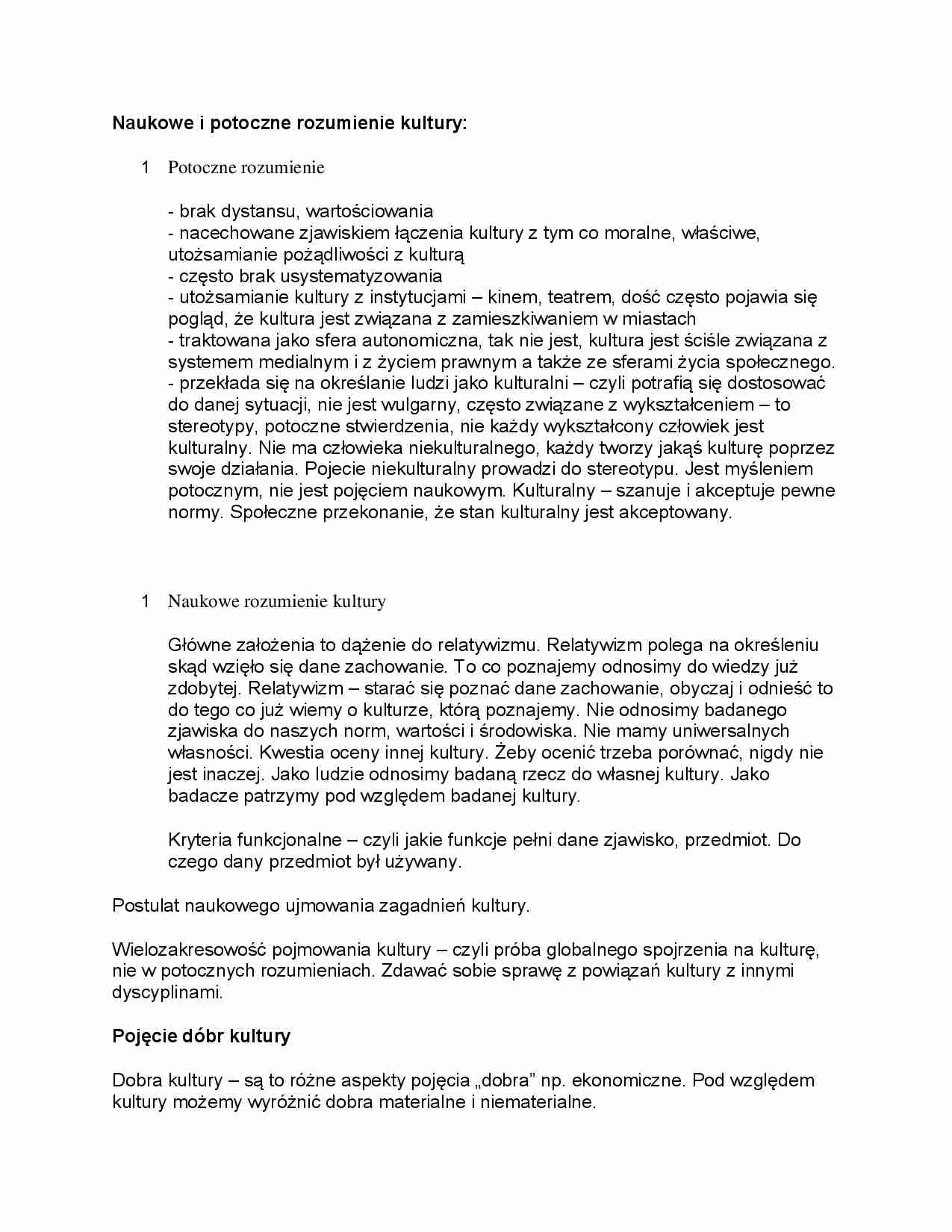 Naukowe i potoczne rozumienie kultury, dobra kultury, jej wartość, kultura a cywilizacja - strona 1