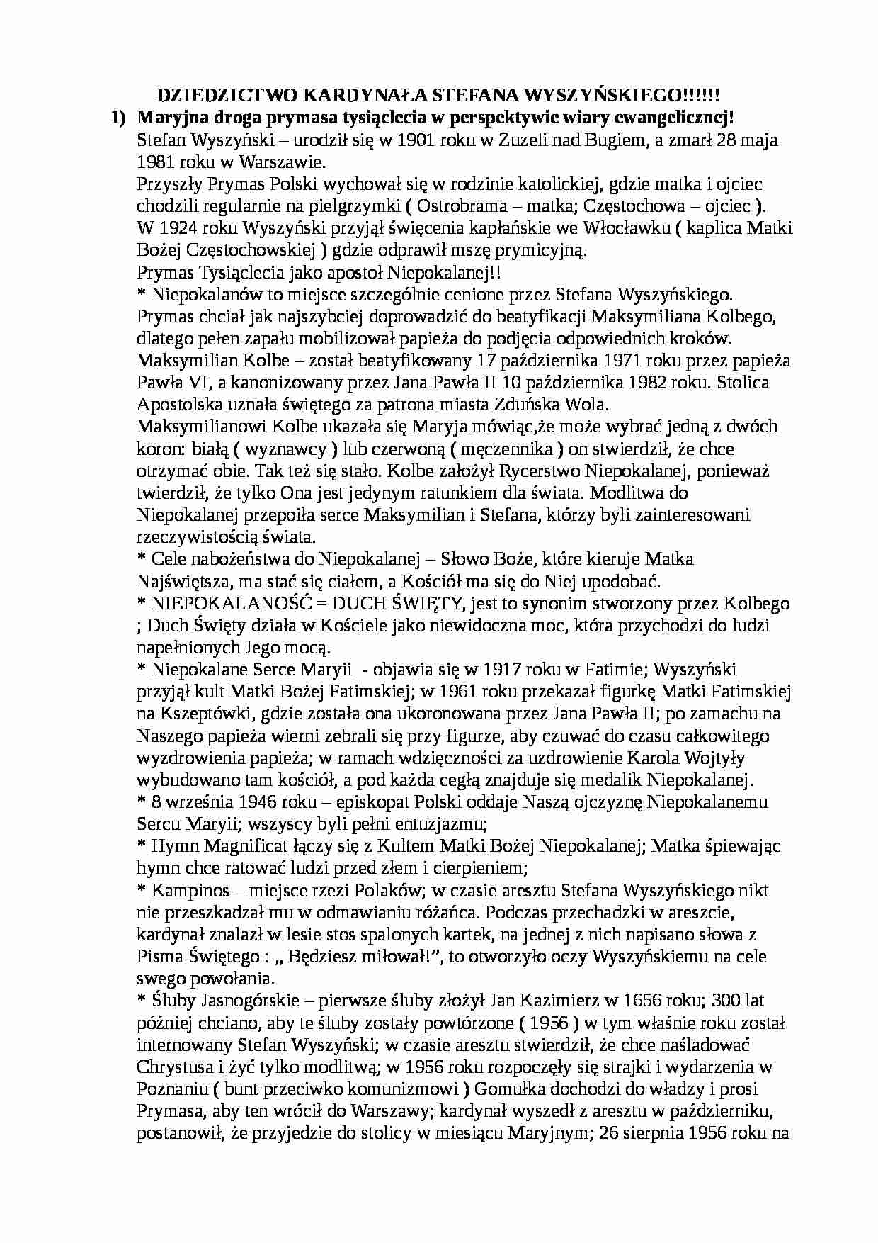 Dziedzictwo kardynała Stefana Wyszyńskiego - strona 1