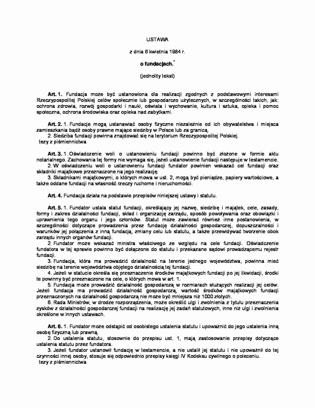 Ustawa o fundacjach - strona 1