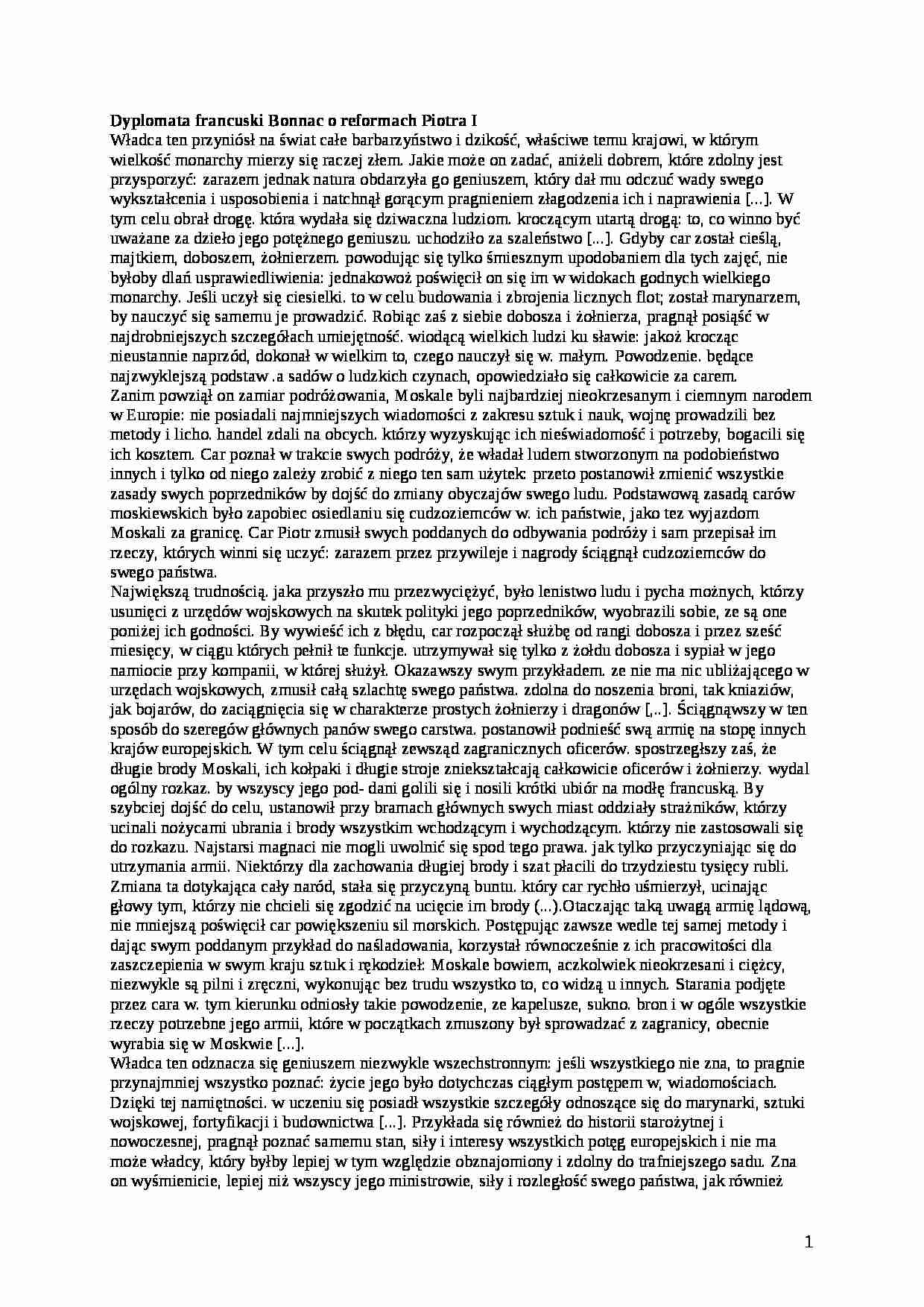Dyplomata francuski Bonnac o reformach Piotra I - strona 1