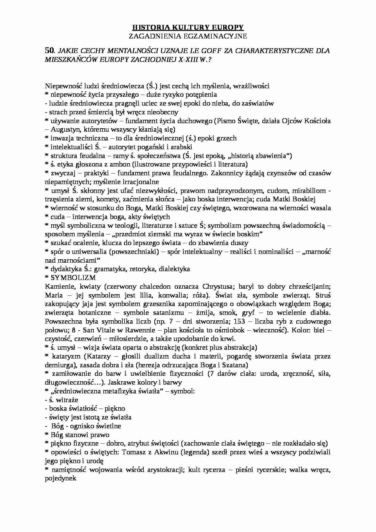 Historia kultury Europy - zafadnienia egzaminacyjne - strona 1