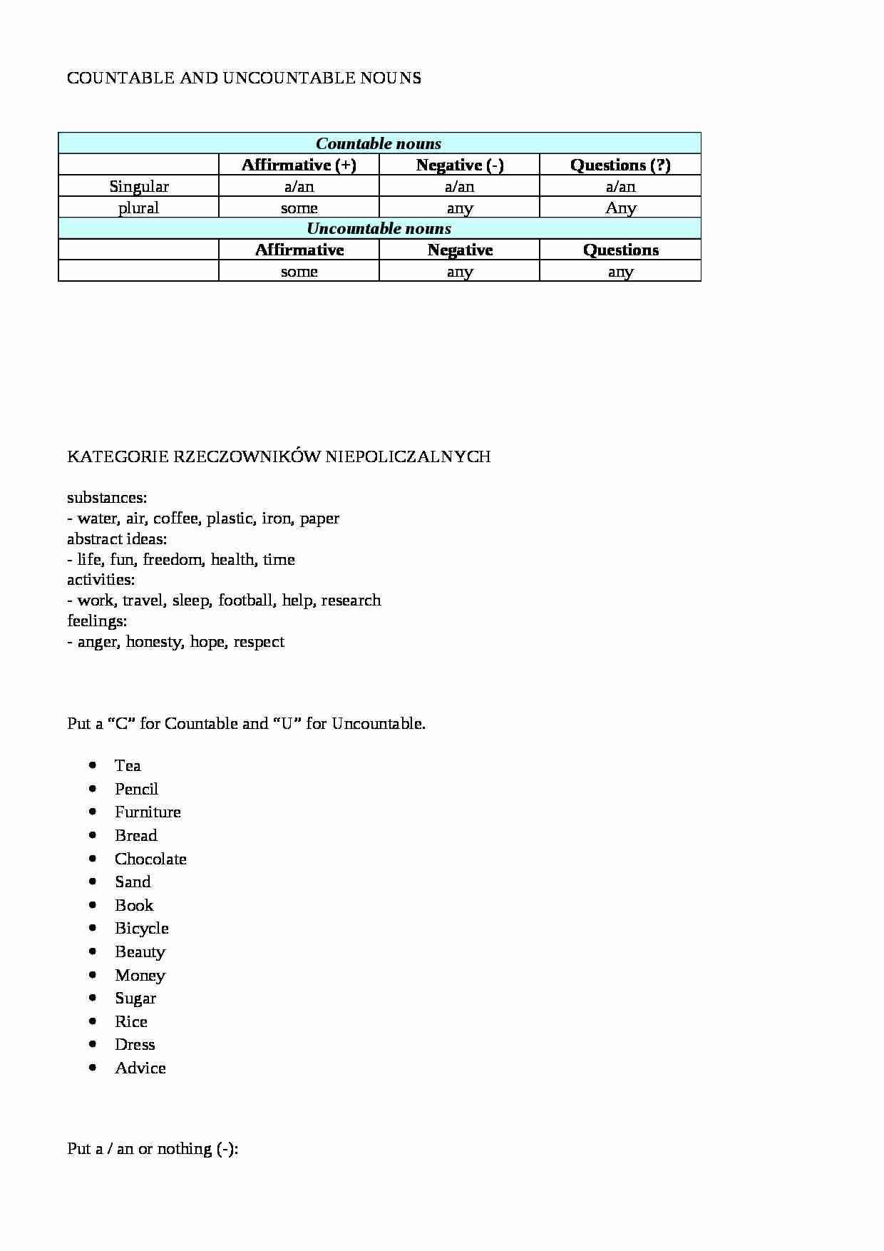 Rzeczowniki policzalne i niepoliczalne - strona 1