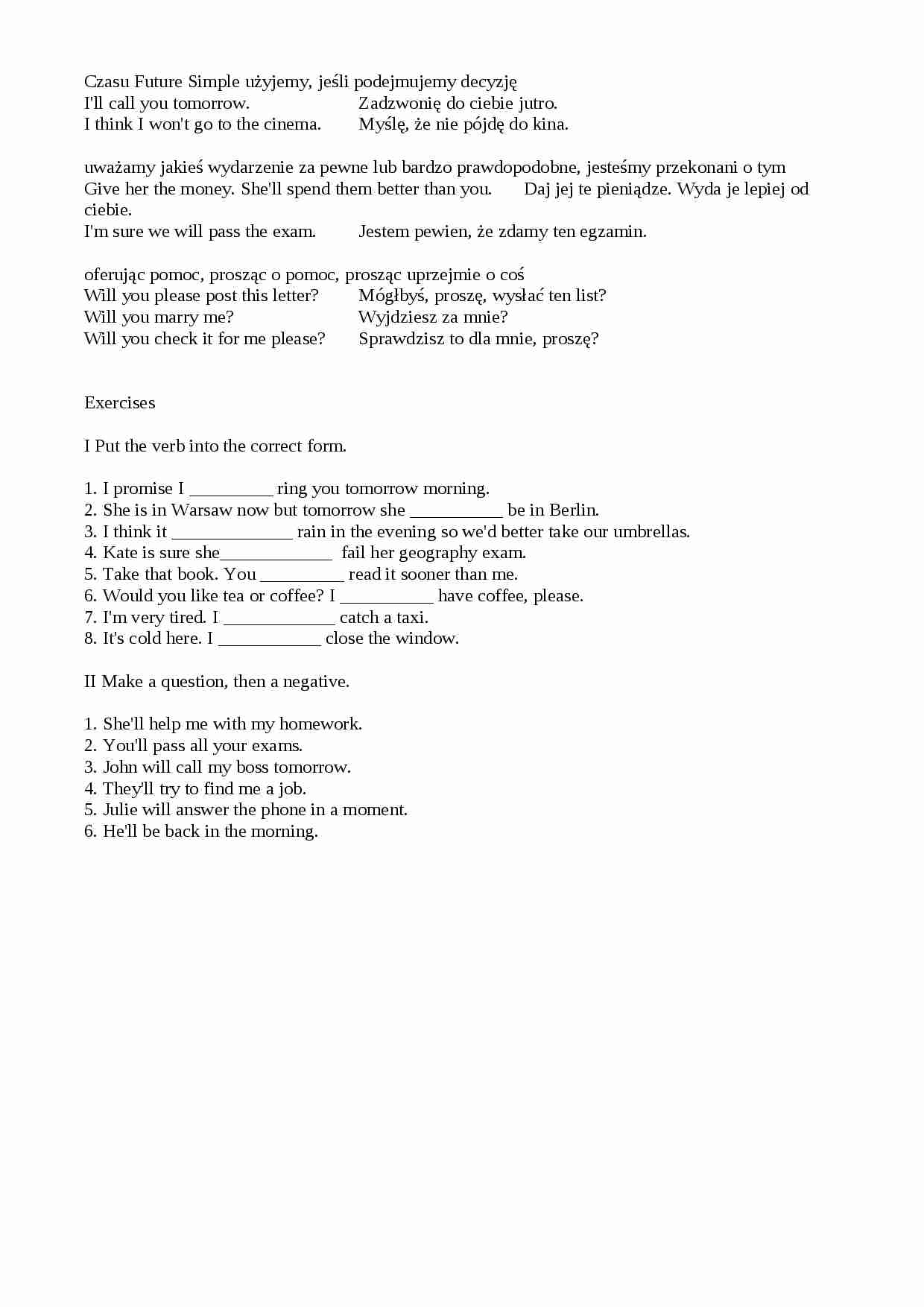 Future Simple - teoria - strona 1