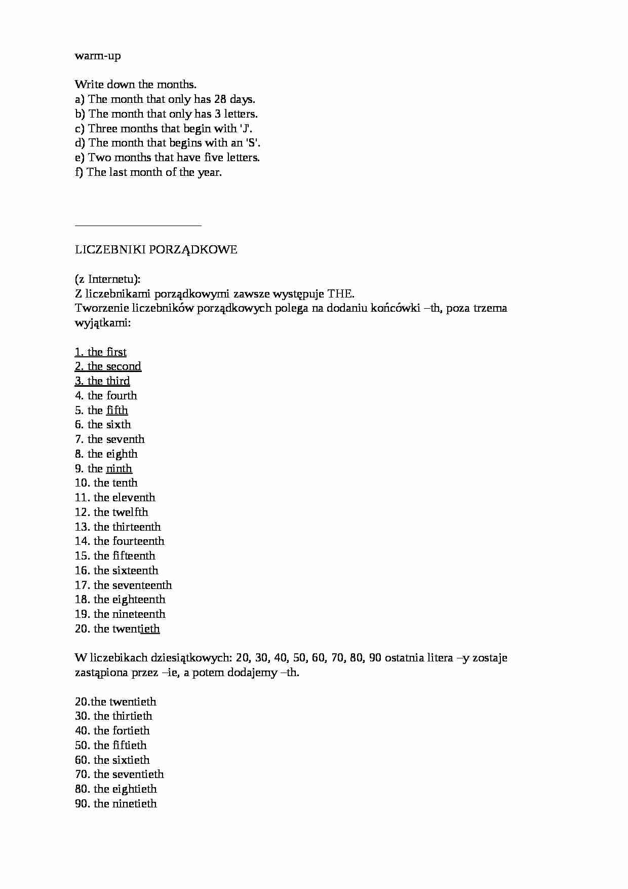 Liczebniki porządkowe - ćwiczenia - strona 1