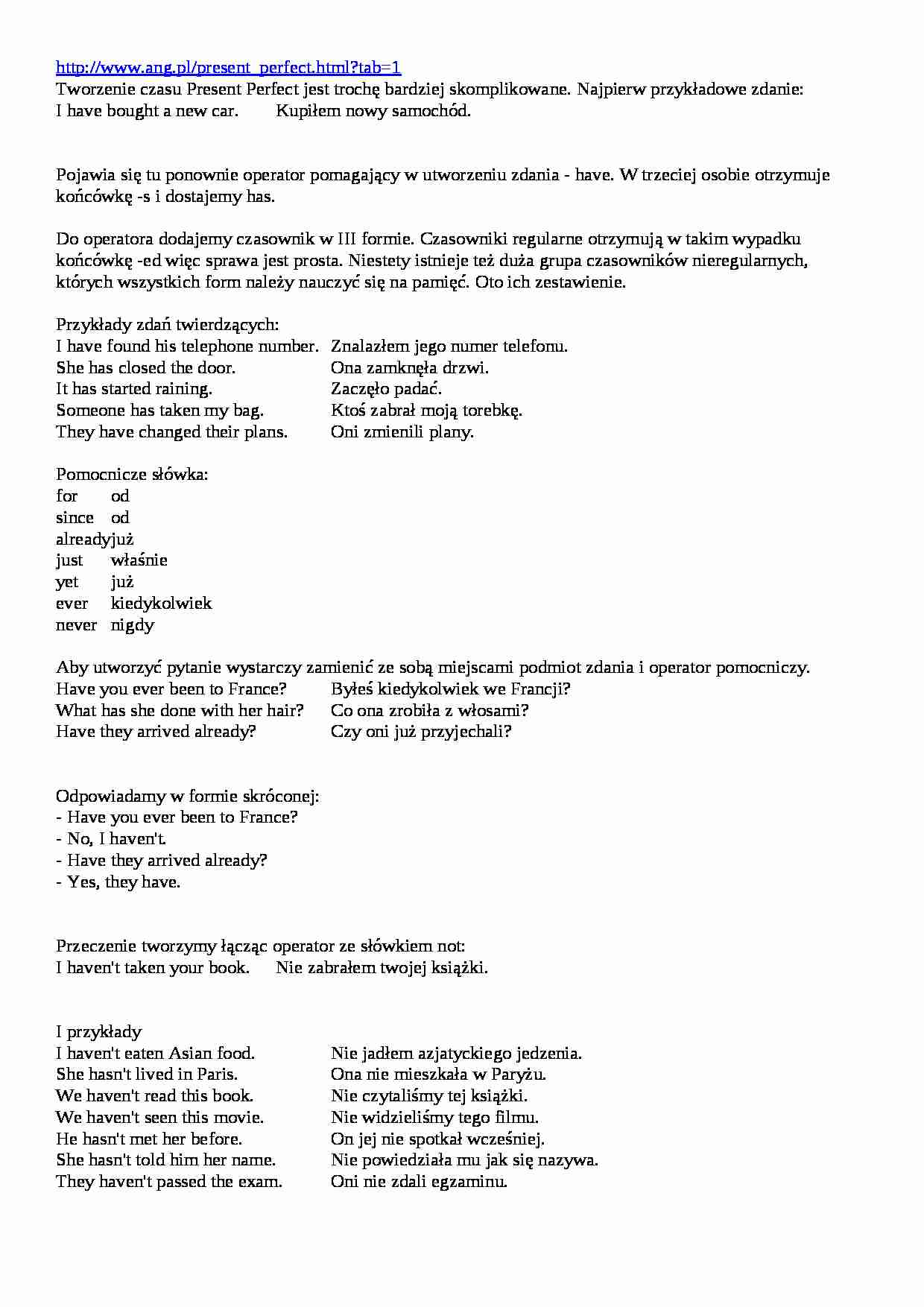 Present Perfect - teoria i ćwiczenia - strona 1