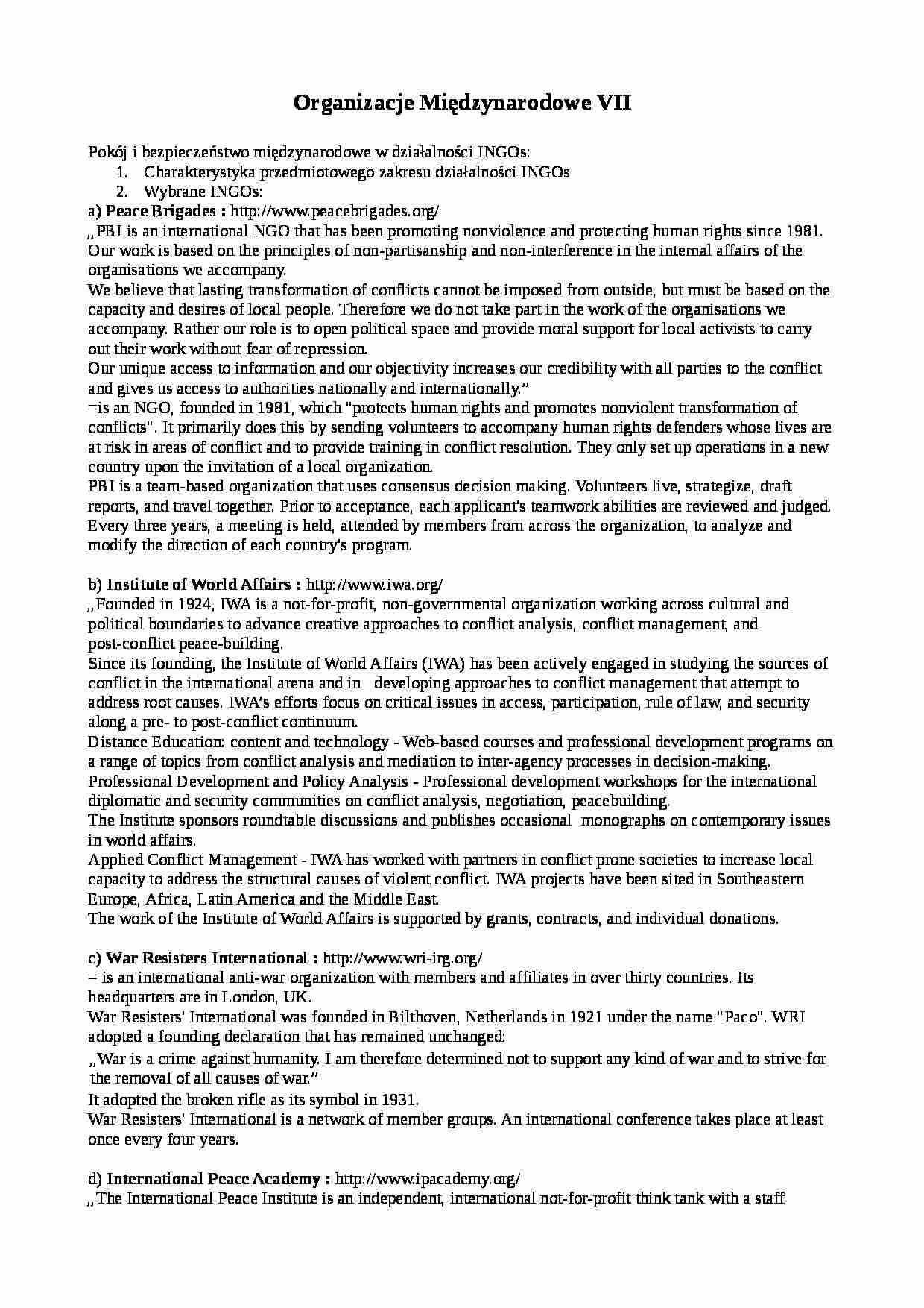 Organizacje międzynarodowe - wykład -  działalność INGOs: - strona 1