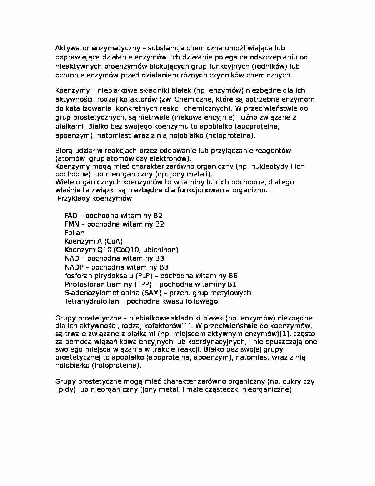 Aktywatory, koenzymy, grupy prostetyczne - strona 1