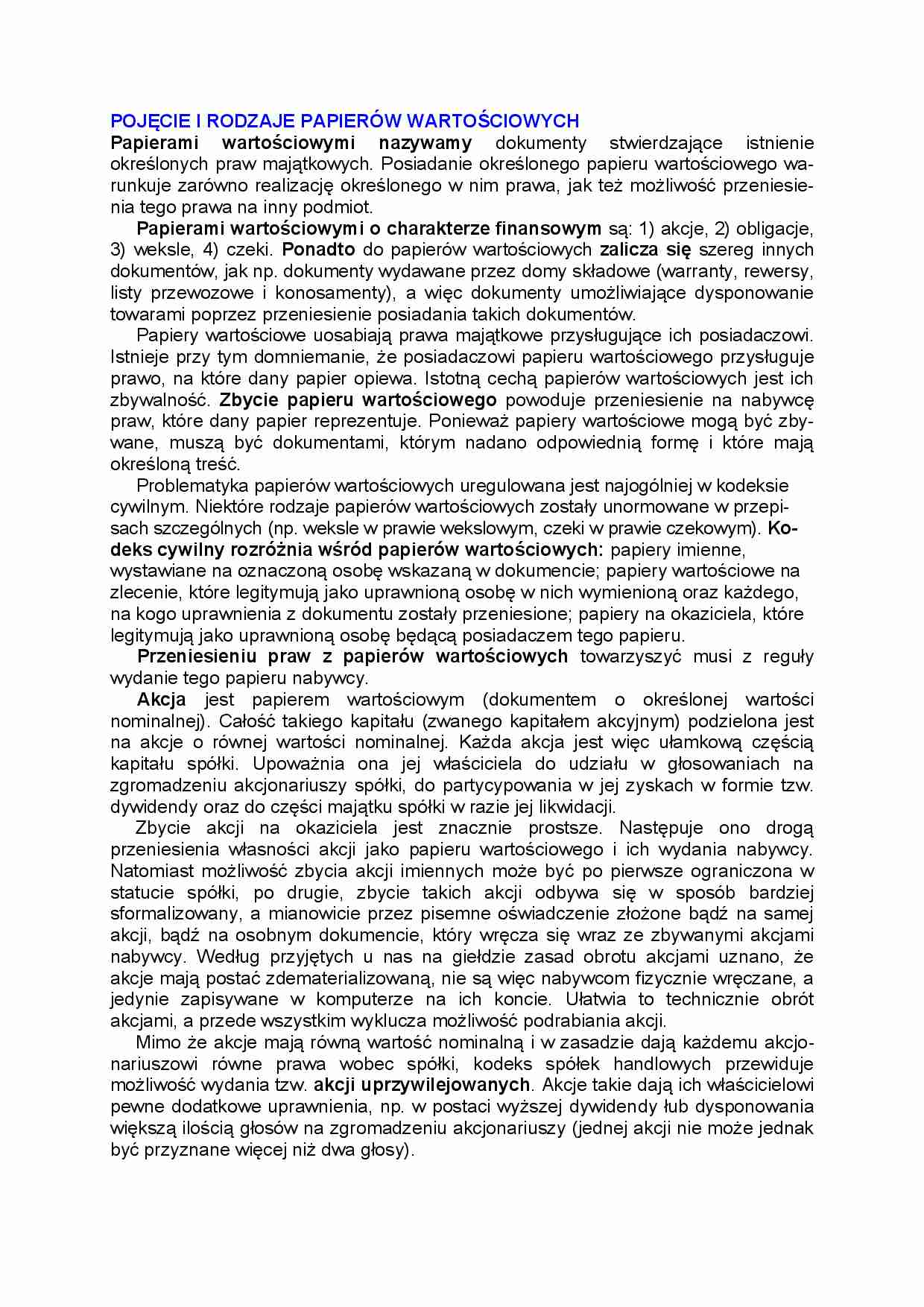 Pojęcie i rodzaje papierów wartościowych - strona 1