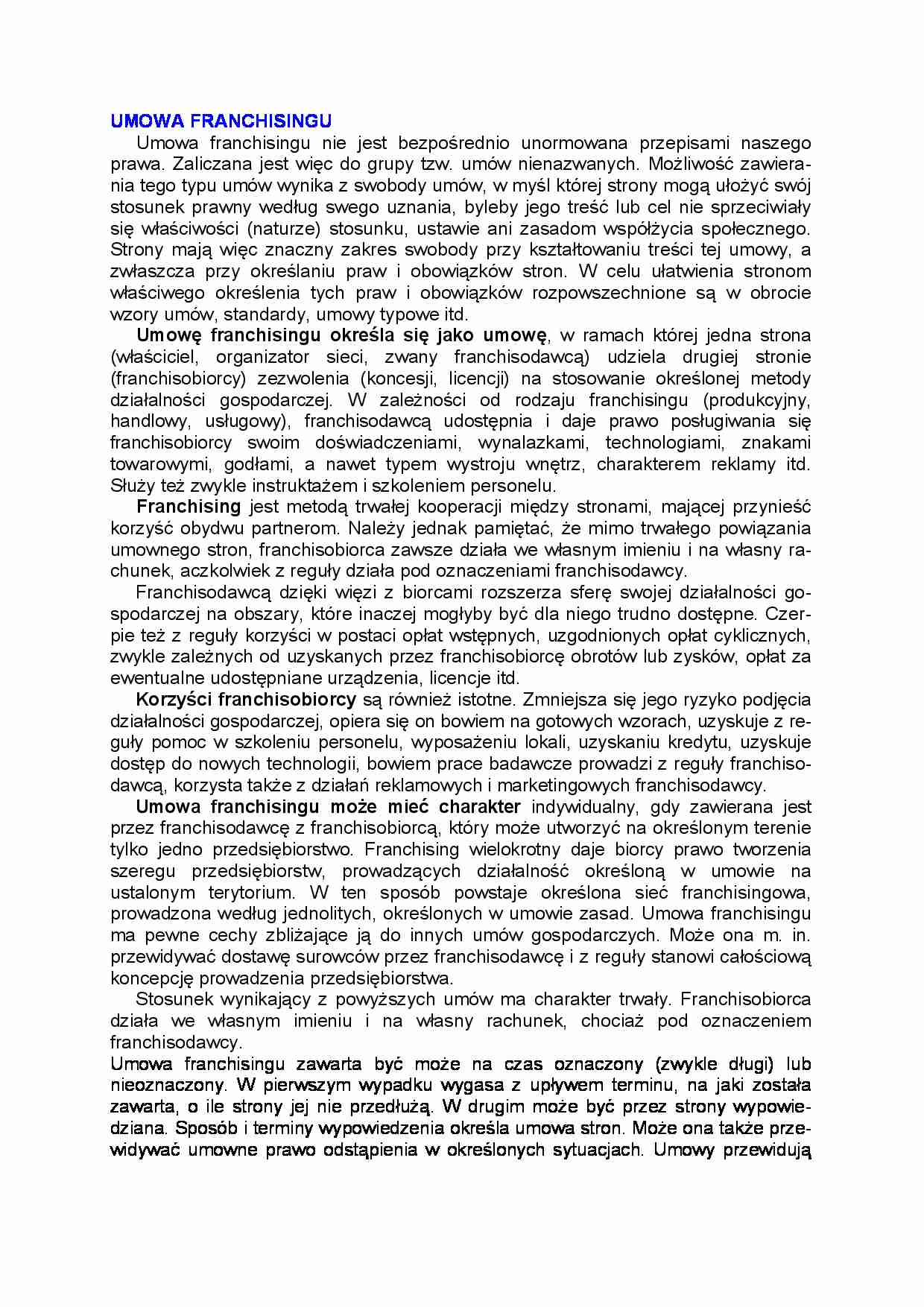 Prawo handlowe - umowa franchisingu - strona 1
