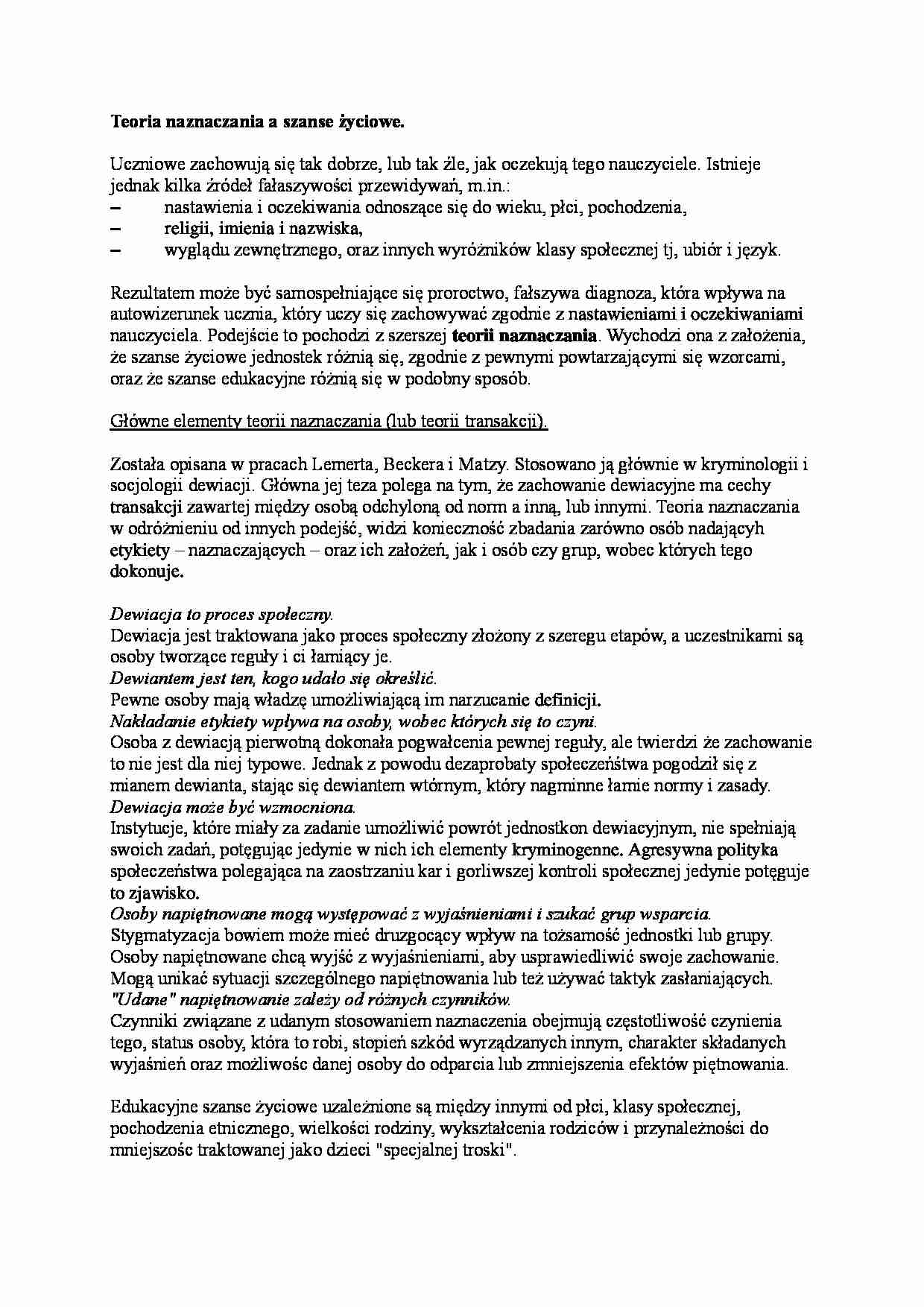 Teoria naznaczania a szanse życiowe - strona 1