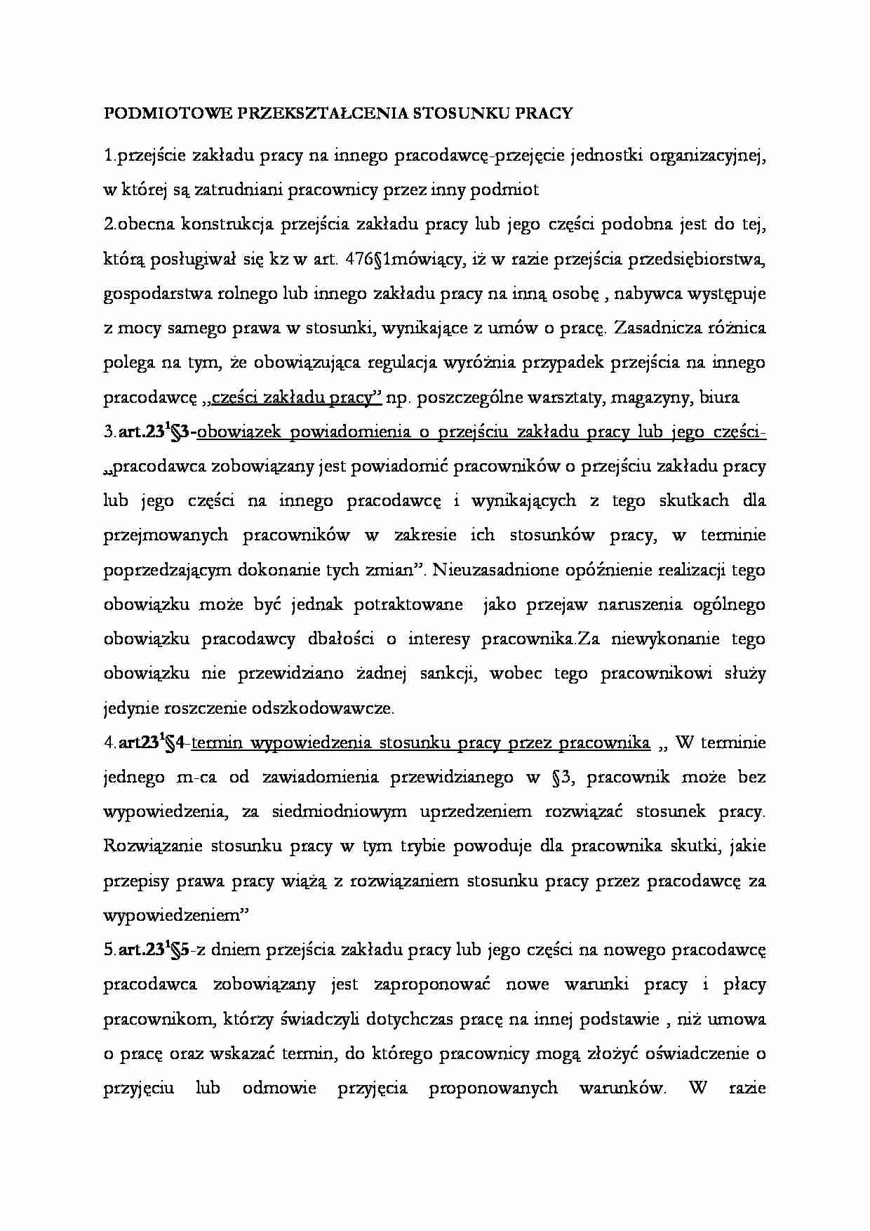 Podmiotowe przkształcenia stosunku pracy  - strona 1