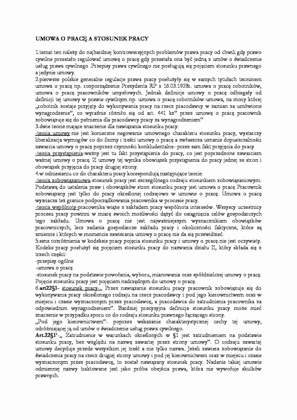 Umowa o pracę a stosunek pracy  - strona 1