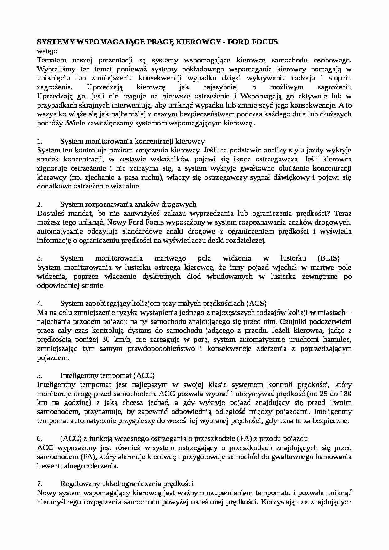  Systemy wspomagające pracę kierowcy- Ford Focus - strona 1