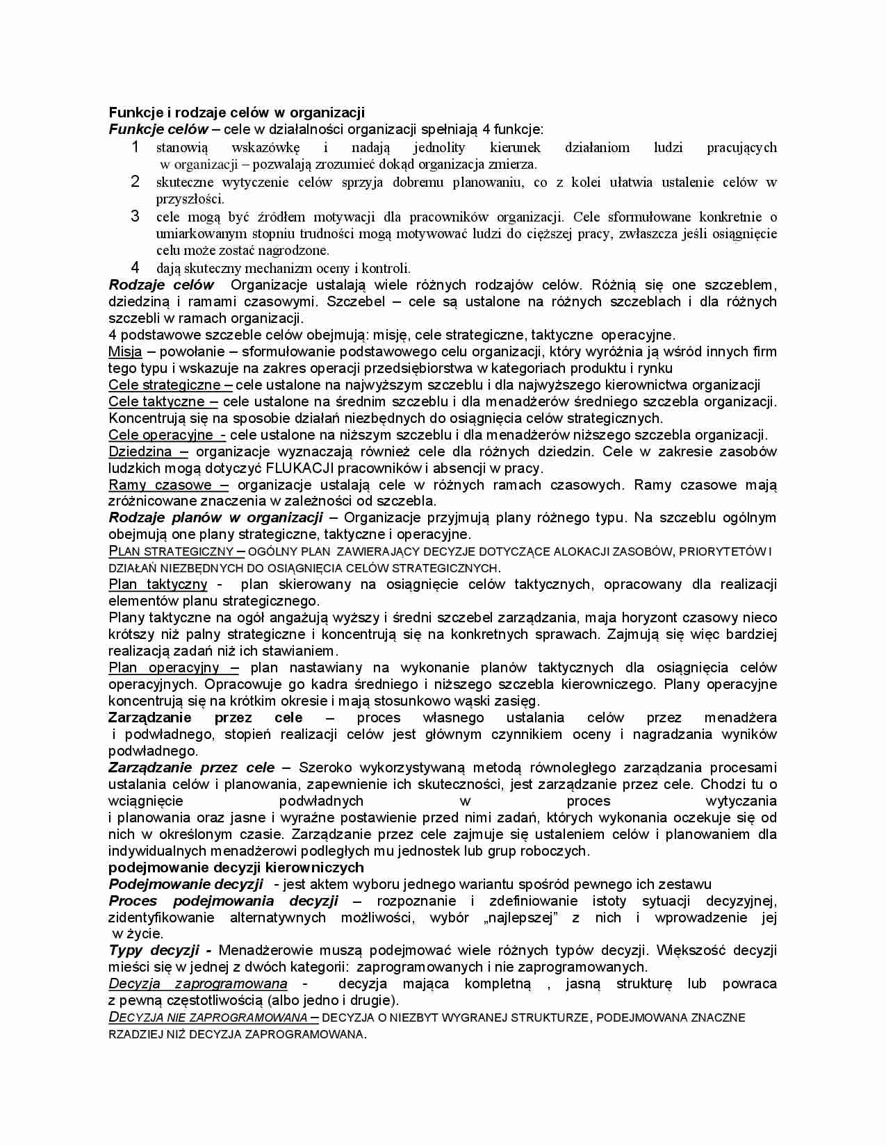 Funkcje i rodzaje celów w organizacji - strona 1