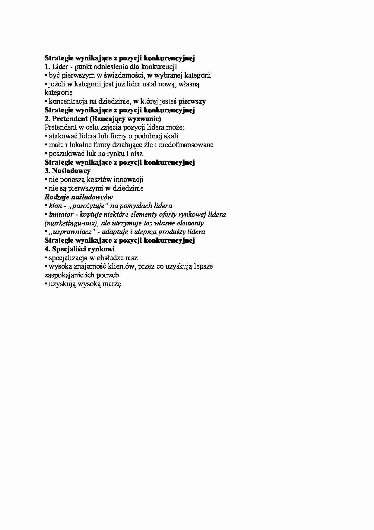 Strategie wynikające z pozycji konkurencyjnej - strona 1
