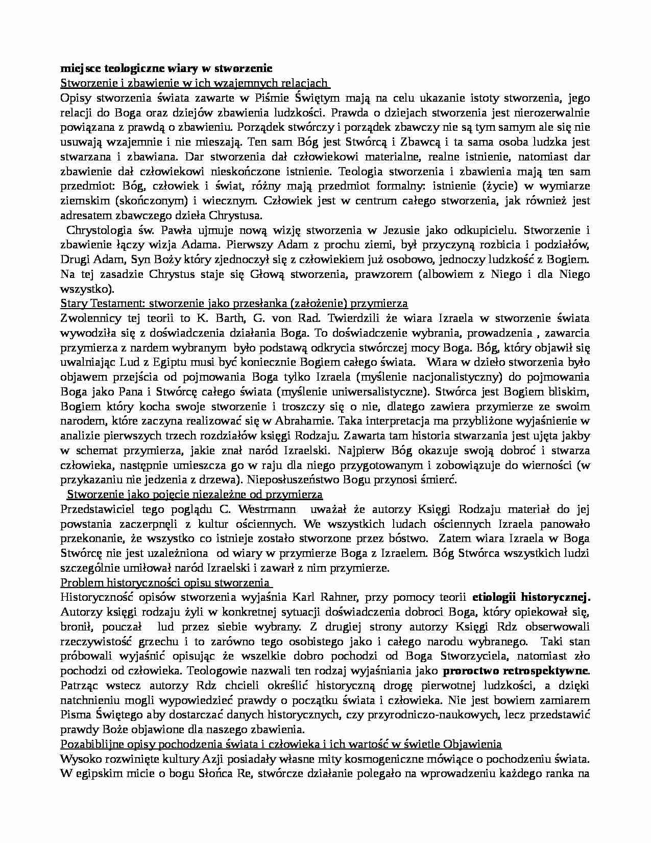 Miejsce teologiczne wiary w stworzenie - strona 1