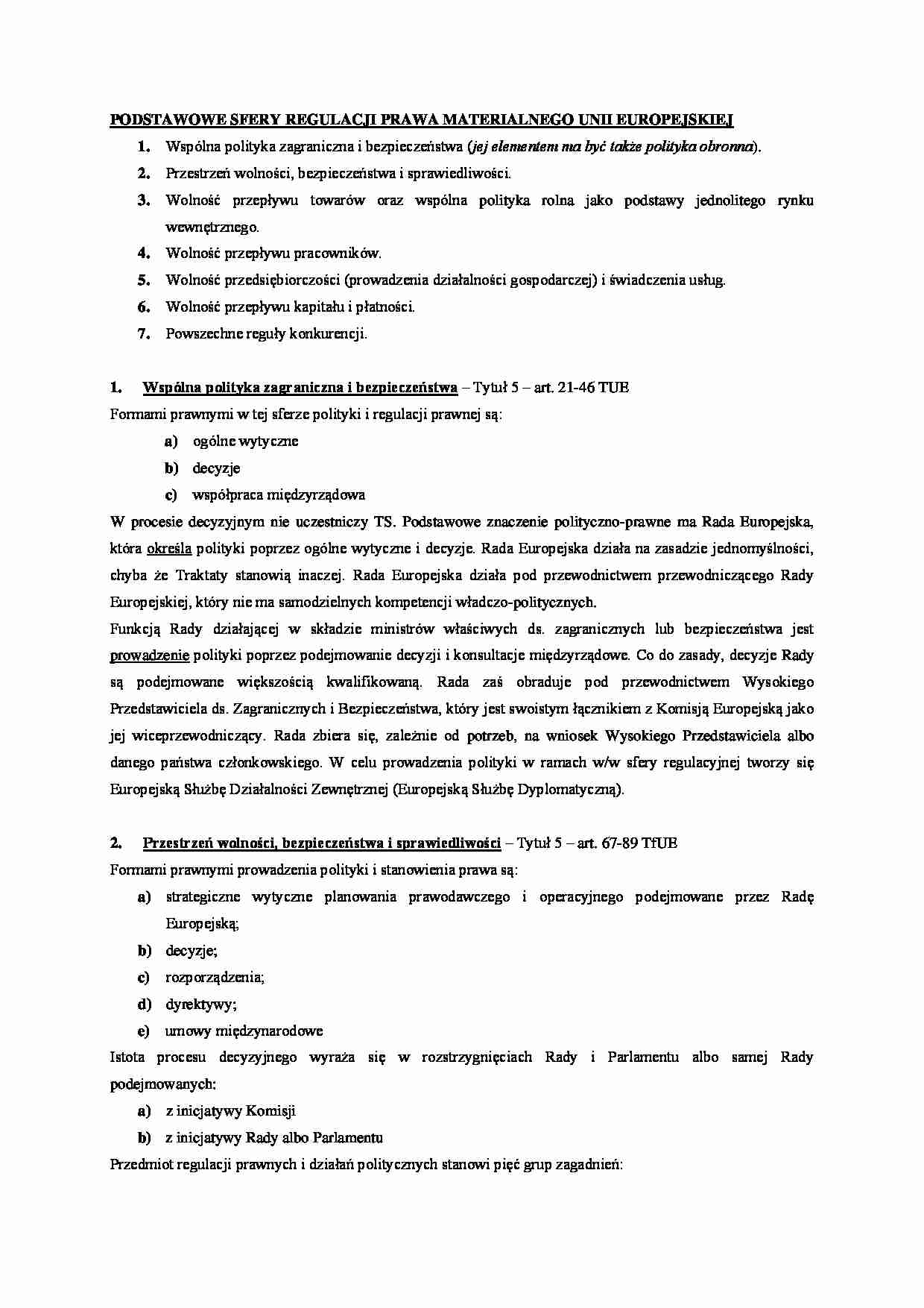 Podstawowe sfery regulacji prawa materialnego Unii Europejskiej - strona 1