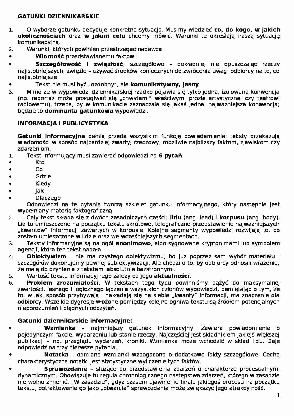 Gatunki dziennikarskie - opracowanie  - strona 1