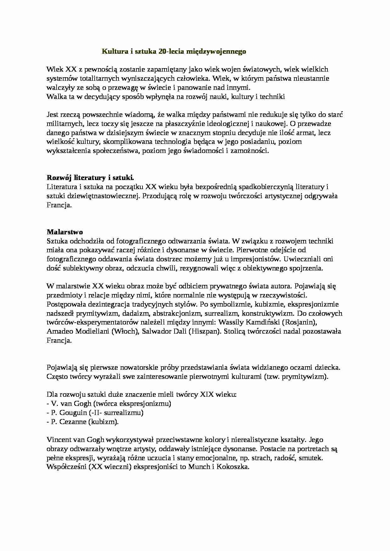 Kultura i sztuka 20-lecia międzywojennego  - strona 1