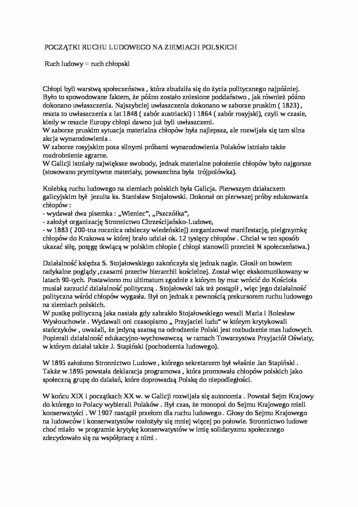 Początki ruchu ludowego na ziemiach polskich  - strona 1