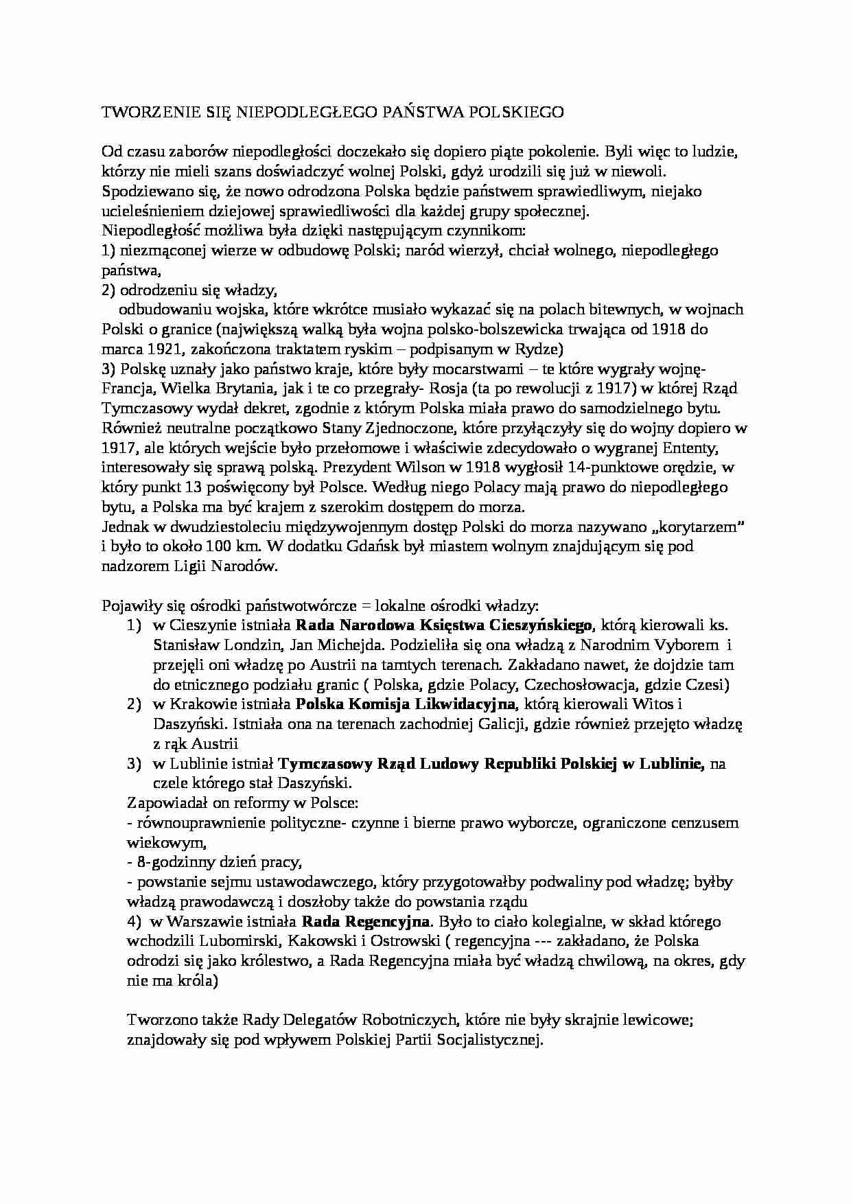 Tworzenie się niepodległego państwa polskiego  - strona 1
