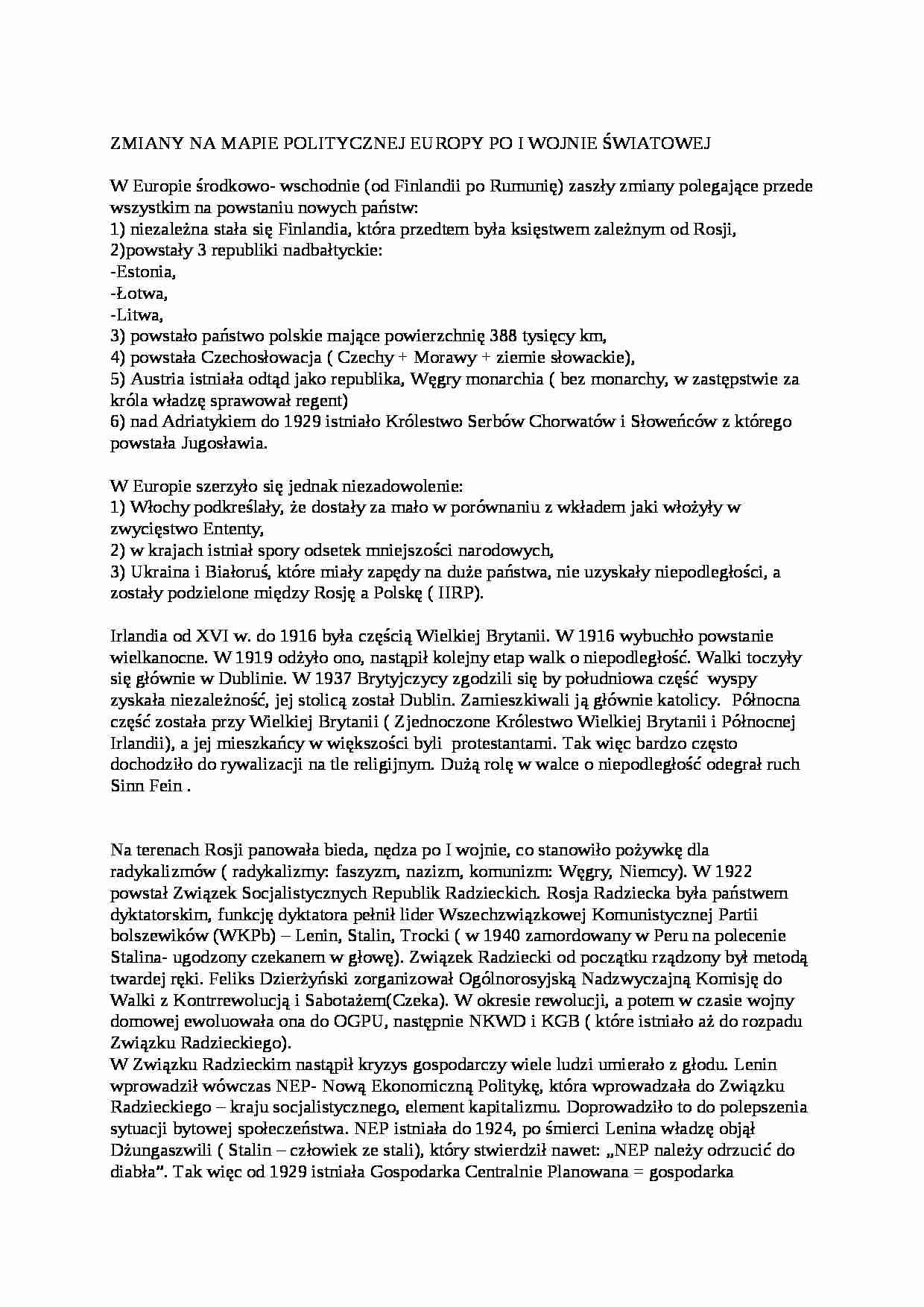 Zmiany na mapie politycznej Europy po I wojnie  - strona 1
