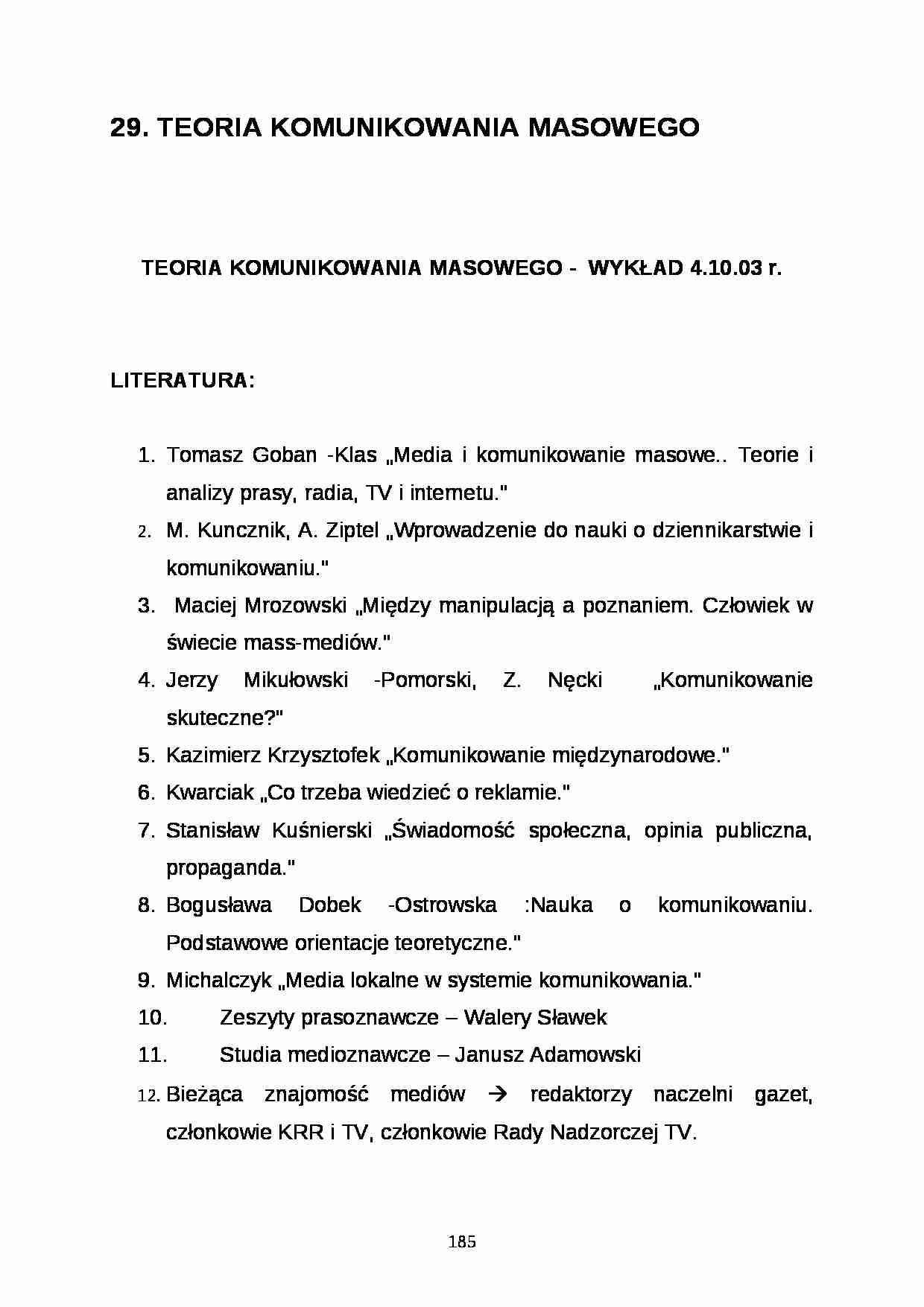 Teoria komunikowania masownego - wykład - strona 1